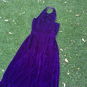 VTG Nadine purple velvet rhinestone studded halter maxi evening dress 32” bust